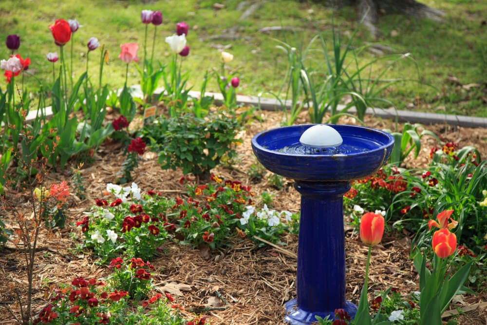 An outdoor garden with flowers and a blue bird bath.