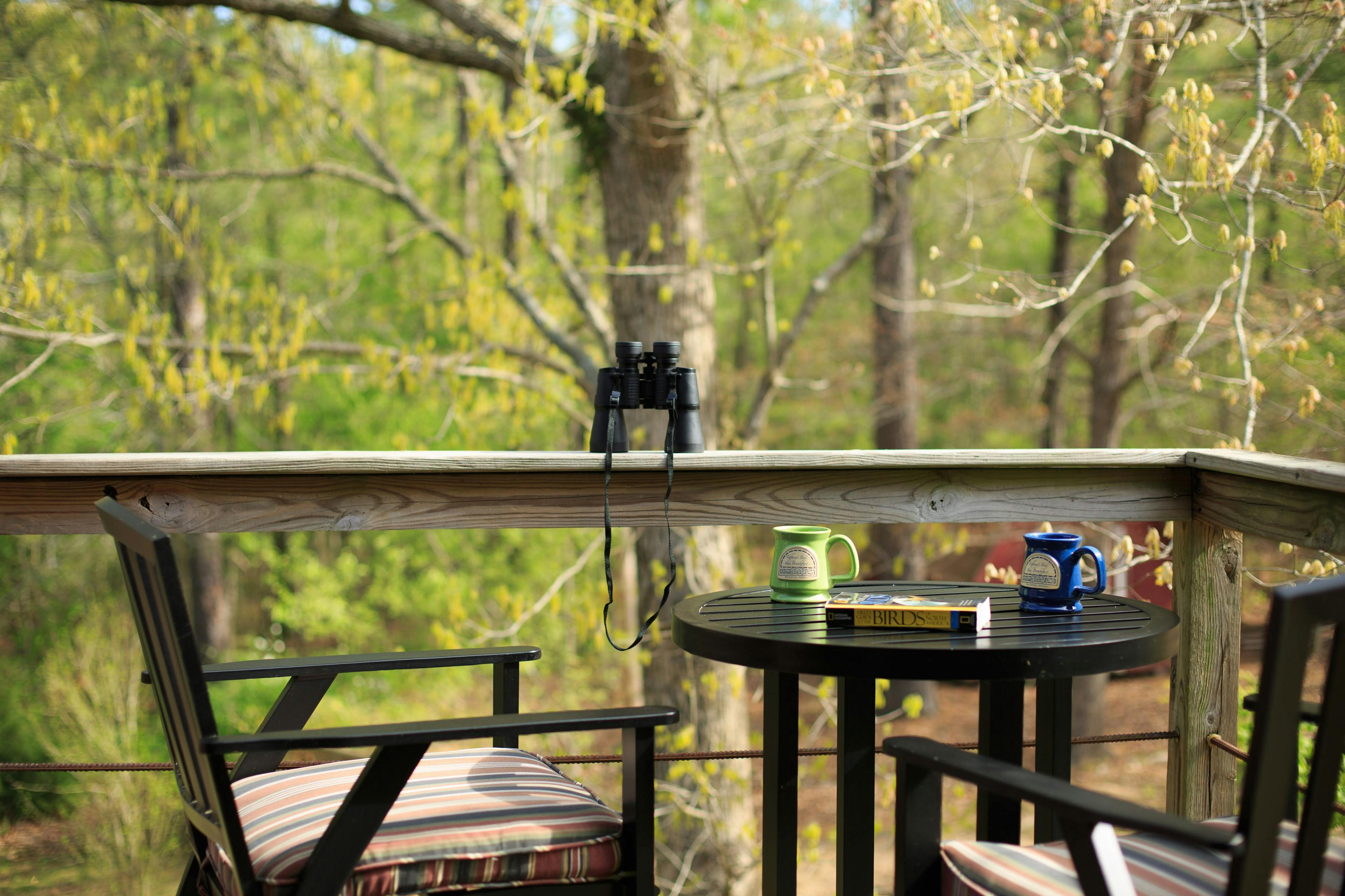 A deck with a wooden rail.  There are 2 black metal chairs with chair pads and a table in between them.  On top of the table is a book and 2 coffee mugs. On the wooden rail is a pair of binoculars.  There are numerous trees in the background.