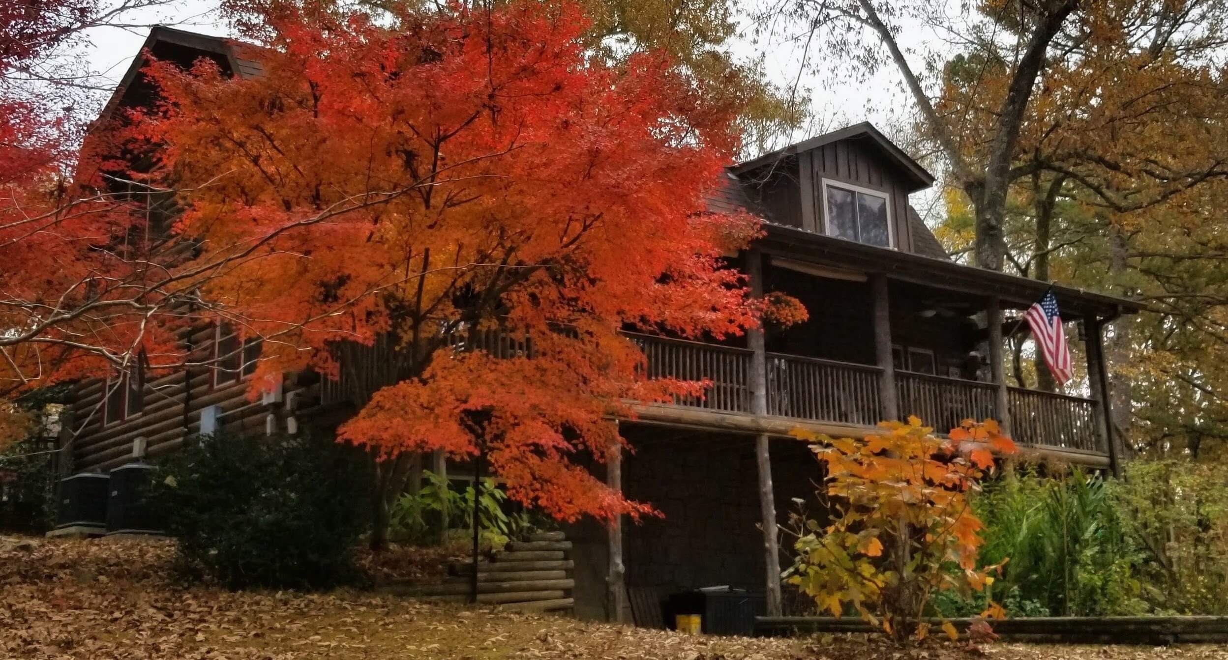 A log cabin with an American flag on the porch, surrounded by vibrant autumn foliage.